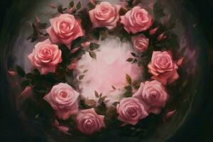 a painting of a circle with pink roses on it photo