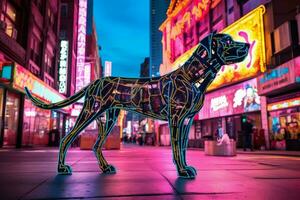 a neon leopard dog in a city photo