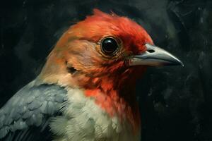 un pintura de un pájaro con un rojo cabeza y negro ey foto