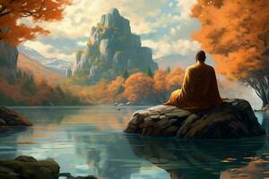 a painting of a buddha sitting on a rock overlook photo