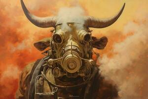 a painting of a bull with a gas mask on it photo