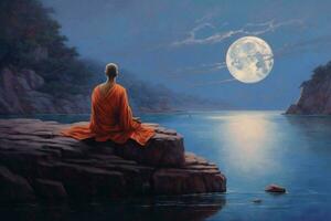 a painting of a buddha sitting on a rock overlook photo