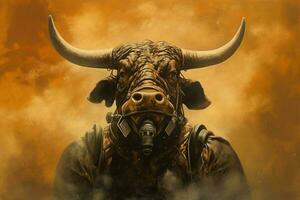un pintura de un toro con un gas máscara en eso foto