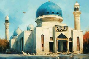 a painting of a mosque with a blue background and t photo