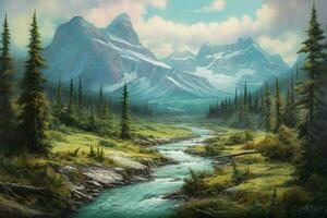 a painting of a mountain landscape with a river flo photo