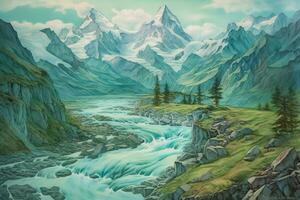 un pintura de un montaña paisaje con un río flo foto