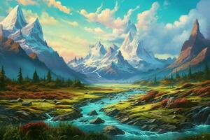 a painting of a mountain landscape with a river flo photo