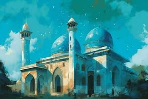 a painting of a mosque with a blue background and photo