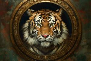 un pintura de un Tigre con un oro marco en el centavo foto