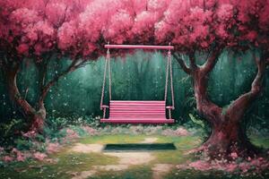 a painting of a swing in a garden with a pink ben photo