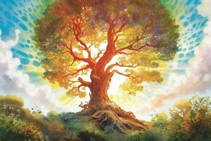 a painting of a tree with the sun shining on it photo