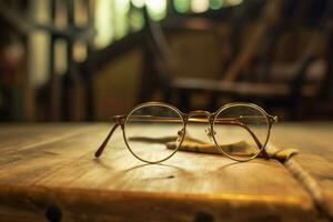 a pair of glasses on a wooden table photo