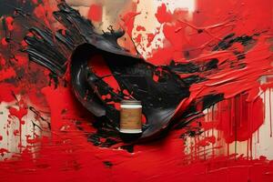 a painting of red and black paint with the words photo