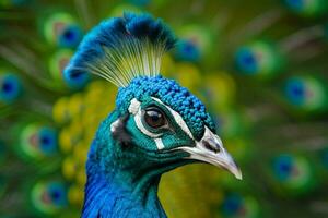 a peacock with a blue head and green feathers on it photo