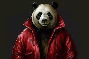 un panda en un rojo chaqueta foto