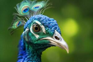 a peacock with a blue head and green feathers on it photo