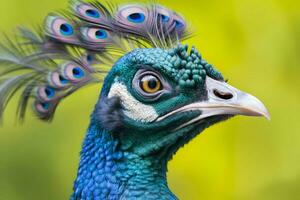 un pavo real con un azul cabeza y verde plumas en eso foto