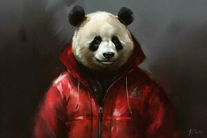 a panda in a red jacket photo