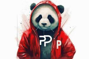 a panda with a red jacket and a hoodie that saysp photo