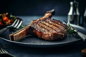 a perfectly grilled tomahawk steak sitting on a pla photo