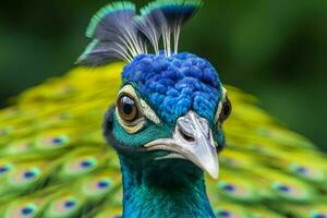 a peacock with a blue head and green feathers on photo