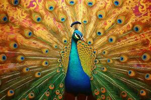 a peacock with a colorful tail is shown with a gold photo