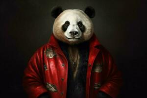 un panda en un rojo chaqueta foto