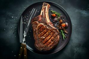 a perfectly grilled tomahawk steak sitting on a pla photo