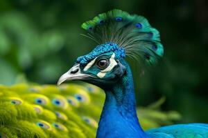 a peacock with a blue head and green feathers on photo