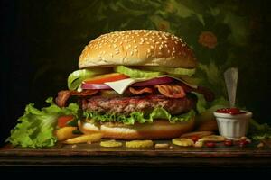 a photorealistic hamburguer with bacon letuce meat photo