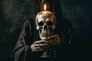 a person with a skull mask and a candle in their ha photo