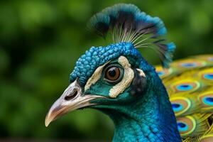 a peacock with a blue head and green feathers on photo