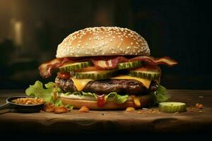 a photorealistic hamburguer with bacon letuce meat photo