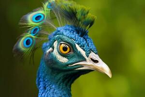 a peacock with a blue head and green feathers on photo