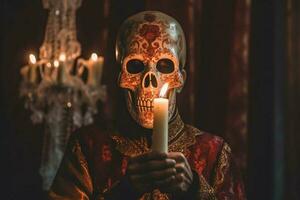 a person with a skull mask and a candle in their photo