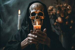 a person with a skull mask and a candle in their photo