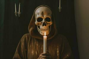 a person with a skull mask and a candle in their photo