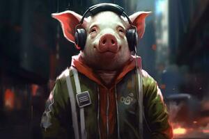 a pig wearing a headphones and wearing a jacket t photo