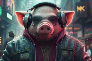 a pig wearing a headphones and wearing a jacket t photo