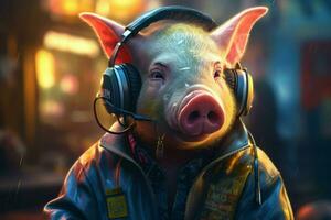 a pig wearing a headphones and wearing a jacket t photo