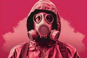 a pink poster with a man wearing a gas mask and a photo