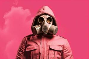 a pink poster with a man wearing a gas mask and a photo