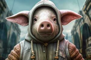 a pig wearing a hoodie that saysarmadilloon it photo