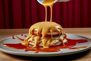 a plate of food with sauce dripping off of it photo