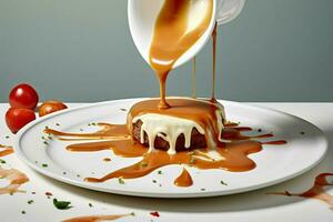 a plate of food with sauce dripping off of it photo