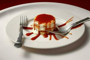 a plate of food with a fork and sauce on it photo