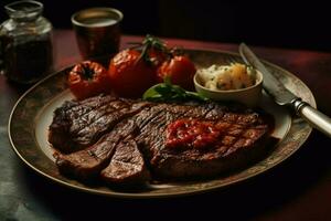 a plate of steaks with tomato sauce on the side photo