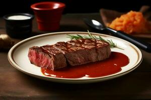 a plate of steaks with tomato sauce on the side photo