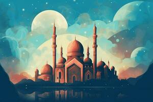 un póster para eid mu mura con un mezquita y un Luna foto