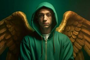 a poster for angels shows a man wearing a green h photo